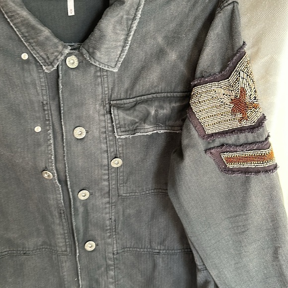 Free People Charcoal Denim Beaded Arm Patch Military Style Jacket - Picture 2 of 11